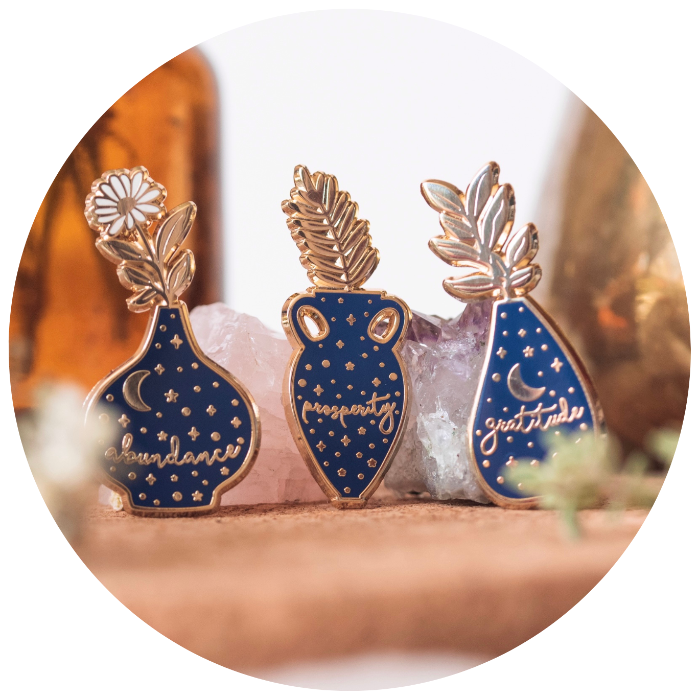 ABUNDANCE VASE ENAMEL PIN SET, BLUE AND GOLD