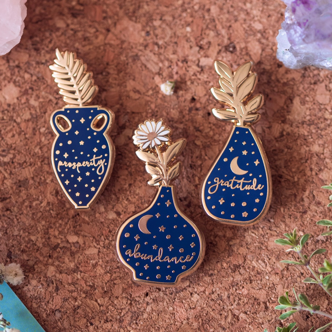 ABUNDANCE VASE ENAMEL PIN SET, BLUE AND GOLD