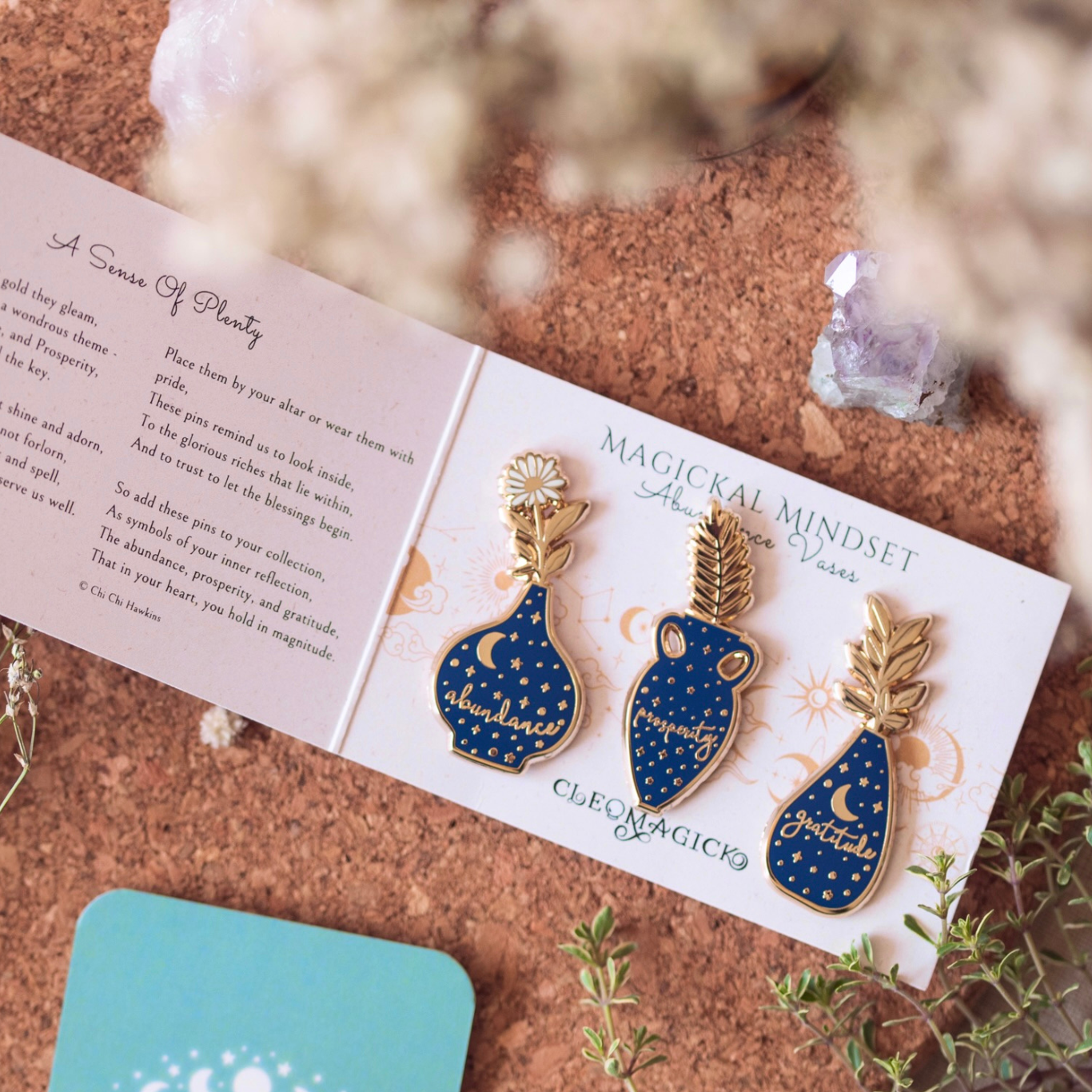 ABUNDANCE VASE ENAMEL PIN SET, BLUE AND GOLD