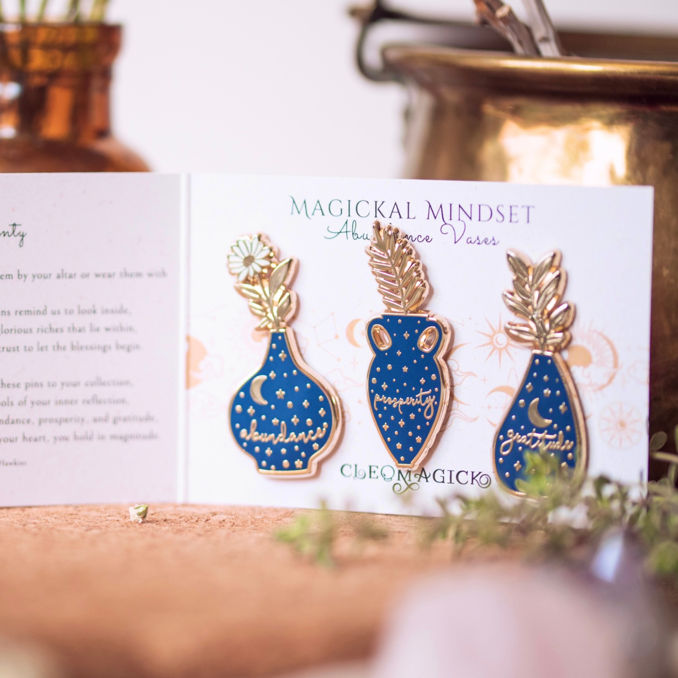 ABUNDANCE VASE ENAMEL PIN SET, BLUE AND GOLD