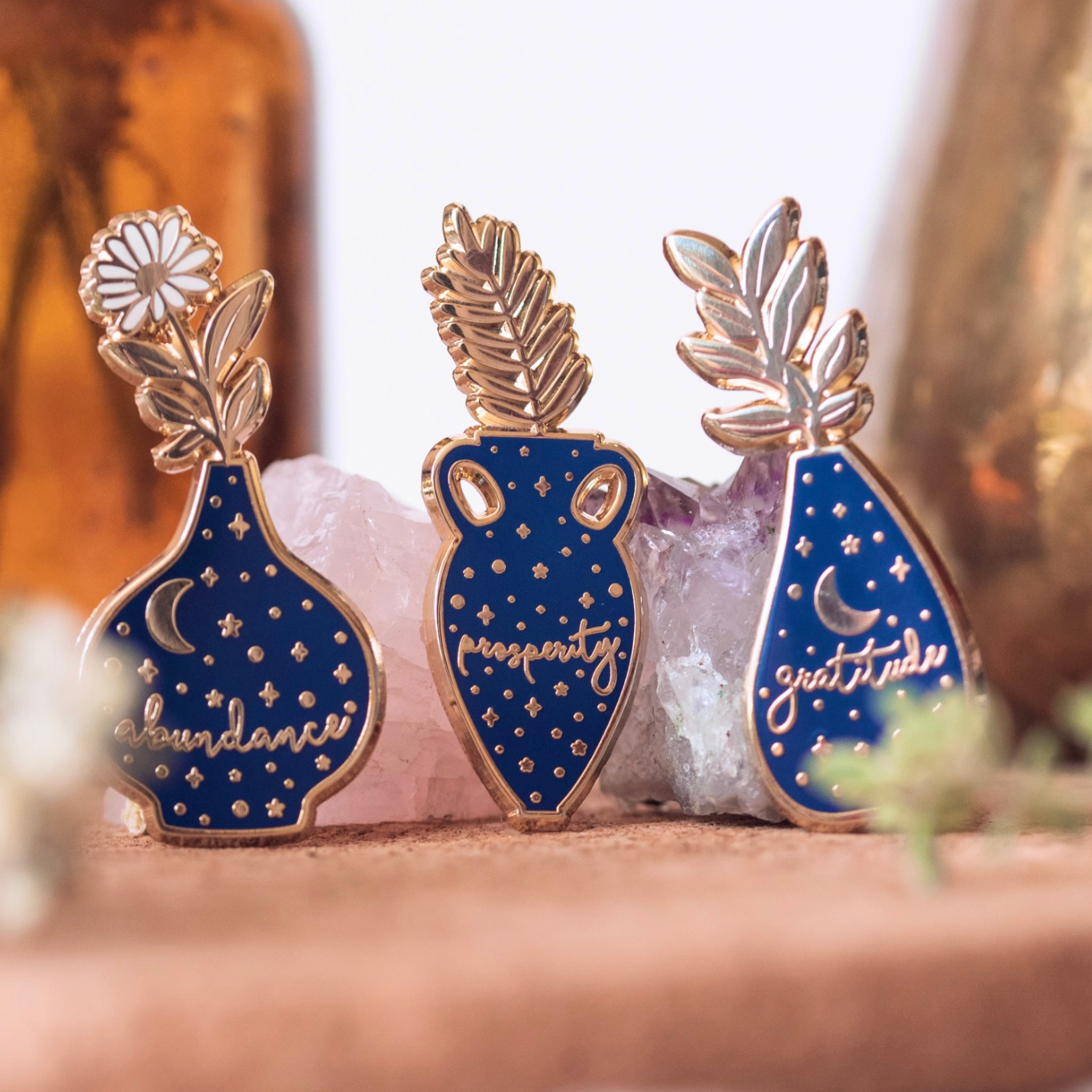 ABUNDANCE VASE ENAMEL PIN SET, BLUE AND GOLD