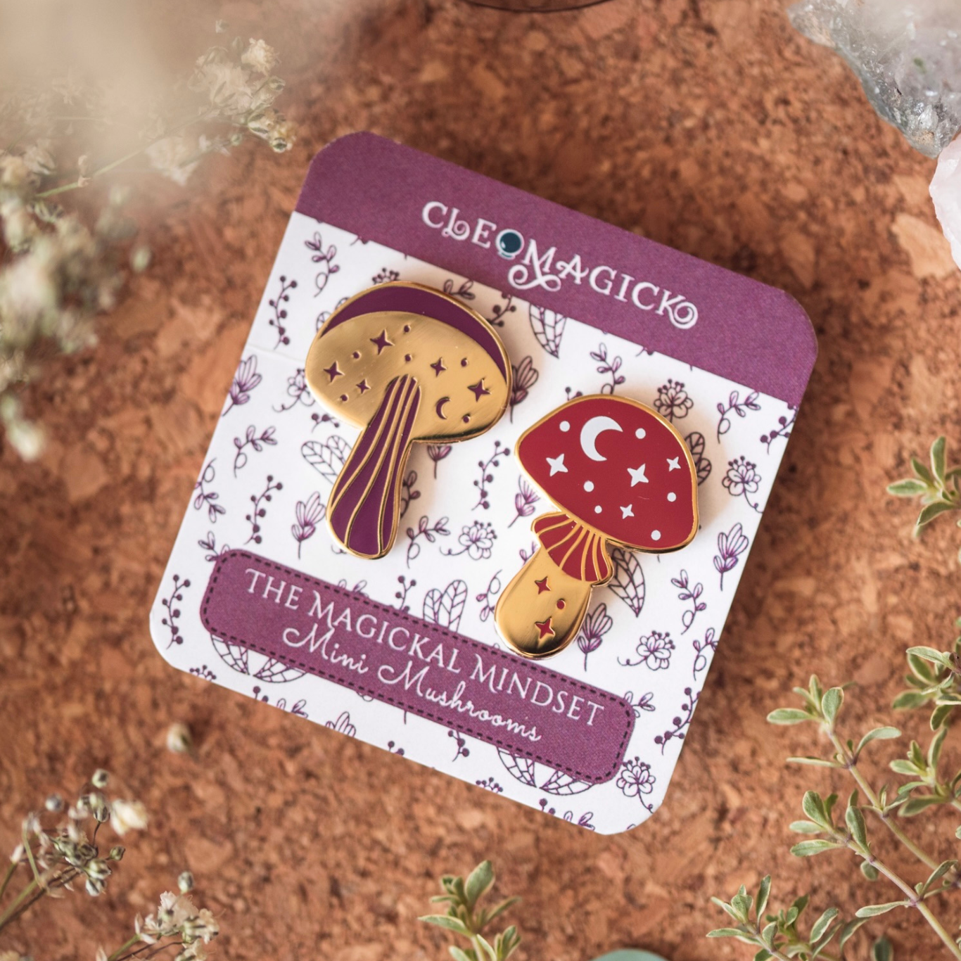 MINI MUSHROOMS ENAMEL PIN DUO SET, PURPLE, RED AND GOLD