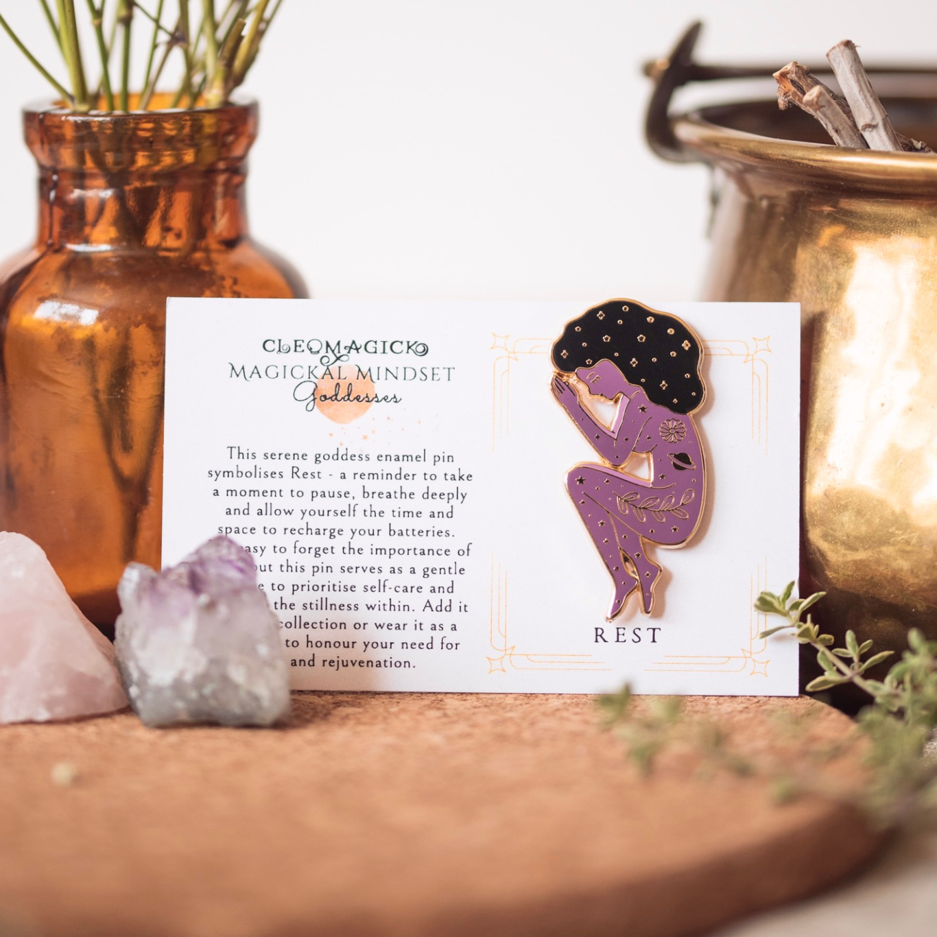 GODDESS OF REST ENAMEL PIN, PURPLE AND GOLD