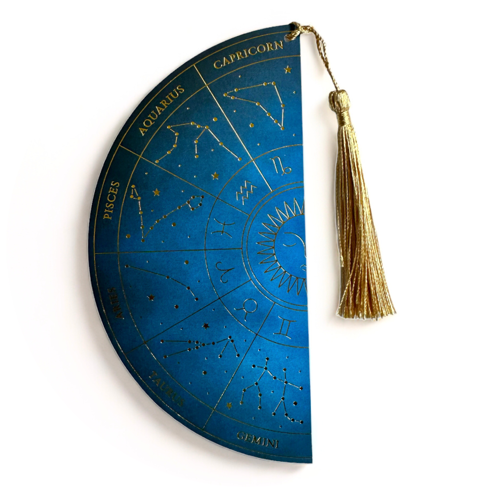 ZODIAC WHEEL DOUBLE-SIDED BOOKMARK, BLUE & GOLD