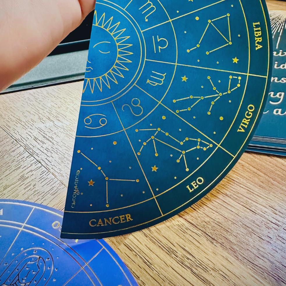 ZODIAC WHEEL DOUBLE-SIDED BOOKMARK, BLUE & GOLD