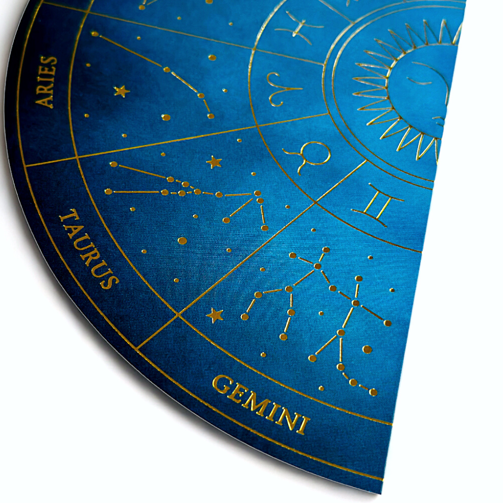 ZODIAC WHEEL DOUBLE-SIDED BOOKMARK, BLUE & GOLD