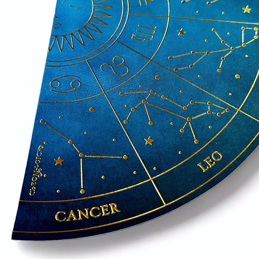 ZODIAC WHEEL DOUBLE-SIDED BOOKMARK, BLUE & GOLD