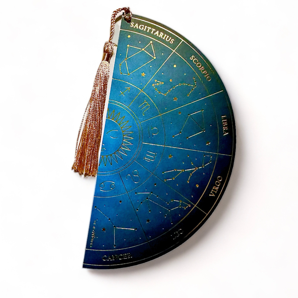 ZODIAC WHEEL DOUBLE-SIDED BOOKMARK, BLUE & GOLD