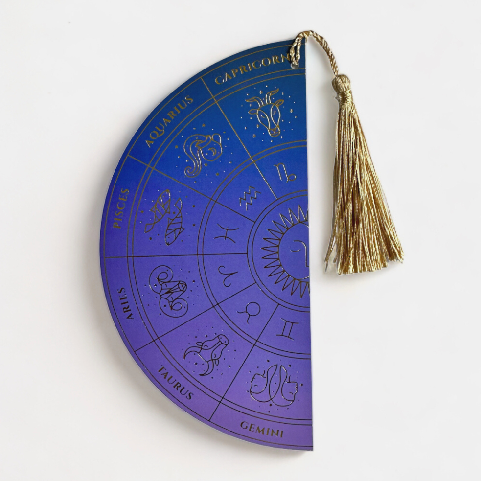 ZODIAC WHEEL DOUBLE-SIDED BOOKMARK, PURPLE OMBRE & GOLD