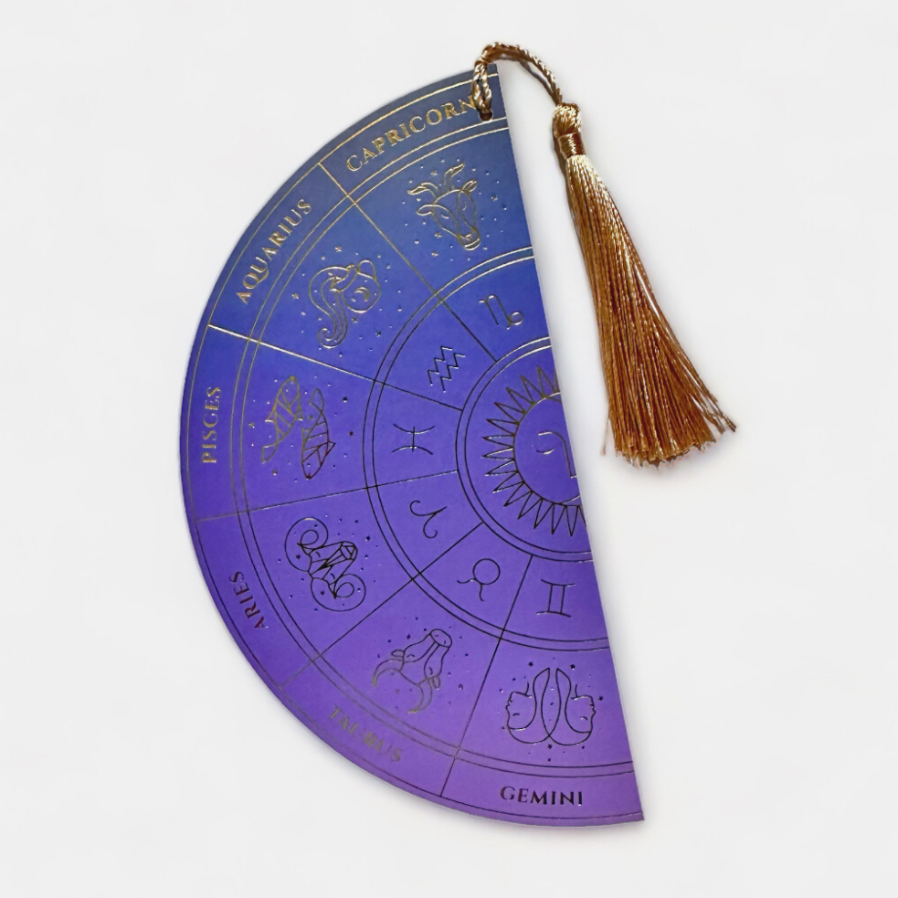 ZODIAC WHEEL DOUBLE-SIDED BOOKMARK, PURPLE OMBRE & GOLD