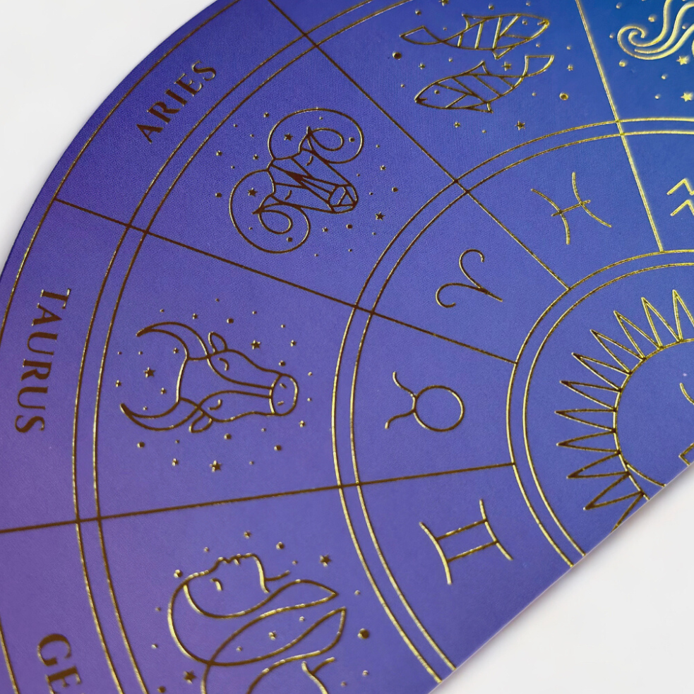 ZODIAC WHEEL DOUBLE-SIDED BOOKMARK, PURPLE OMBRE & GOLD