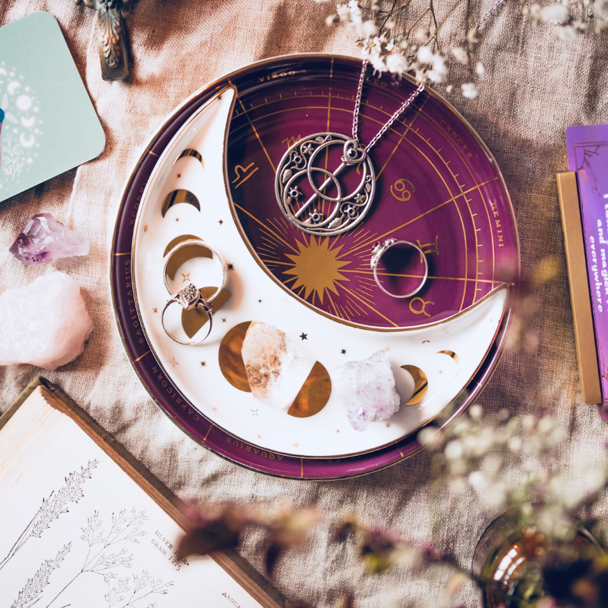 ZODIAC CERAMIC NESTING MOON DISH SET, PURPLE BERRY, WHITE & GOLD