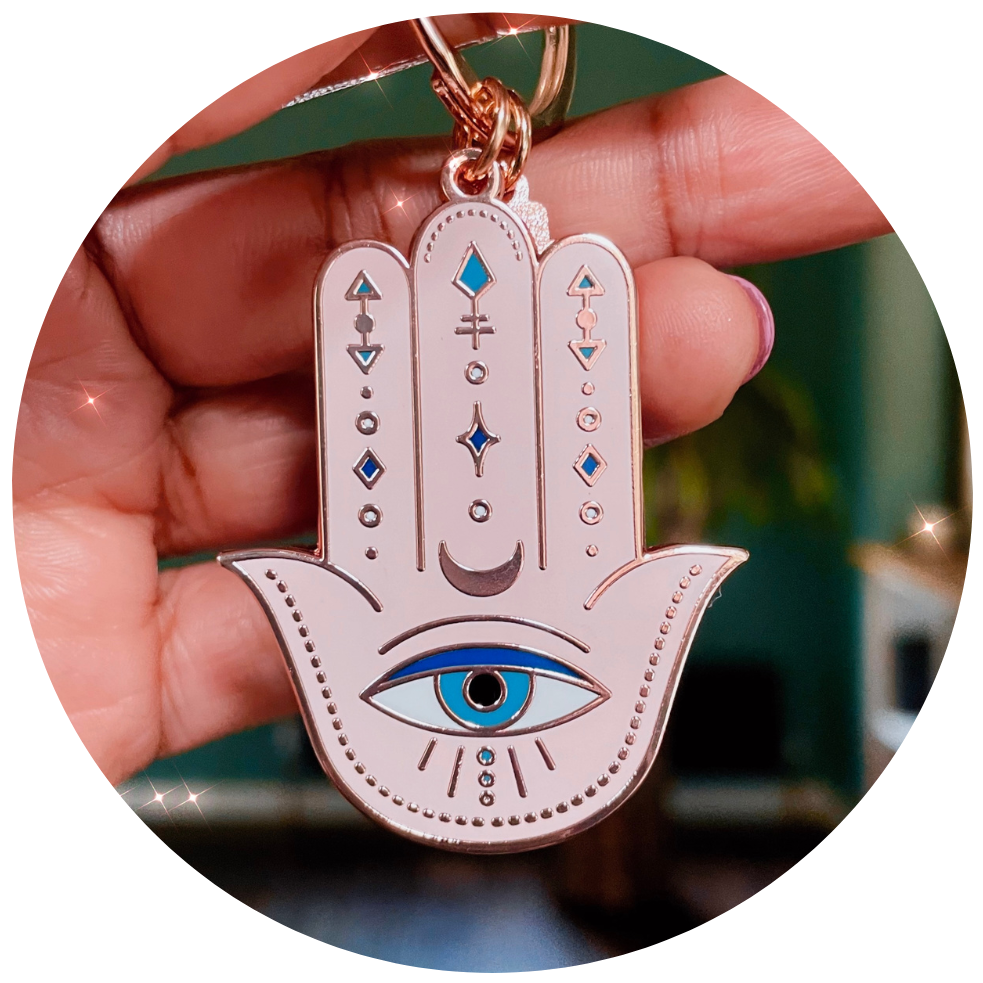 HAMSA DOUBLE-SIDED ENAMEL KEYCHAIN, ROSE GOLD, TURQUOISE & PINK