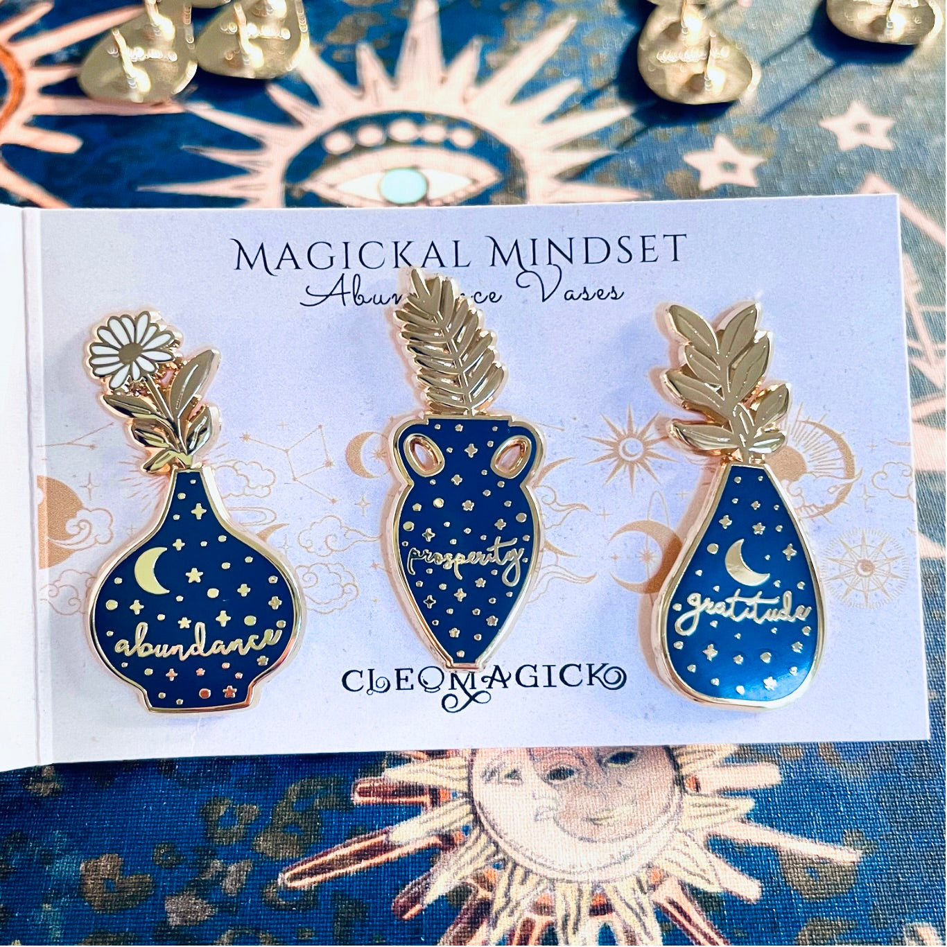 ABUNDANCE VASE ENAMEL PIN SET, BLUE AND GOLD